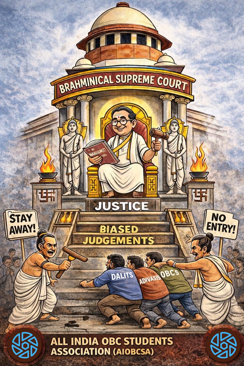 aiobcsa's tweet photo. We are against Brahminical Supreme Court which is giving biased judgements. Higher Judiciary without SC, ST and OBC Reservations is nothing but a Brahminical Supreme Court. 

We demand implementation of SC, ST and OBC Reservations in Higher Judiciary. 

✊🏽✊🏽✊🏽
#InclusiveJudiciary https://t.co/4au1QbW6Pr