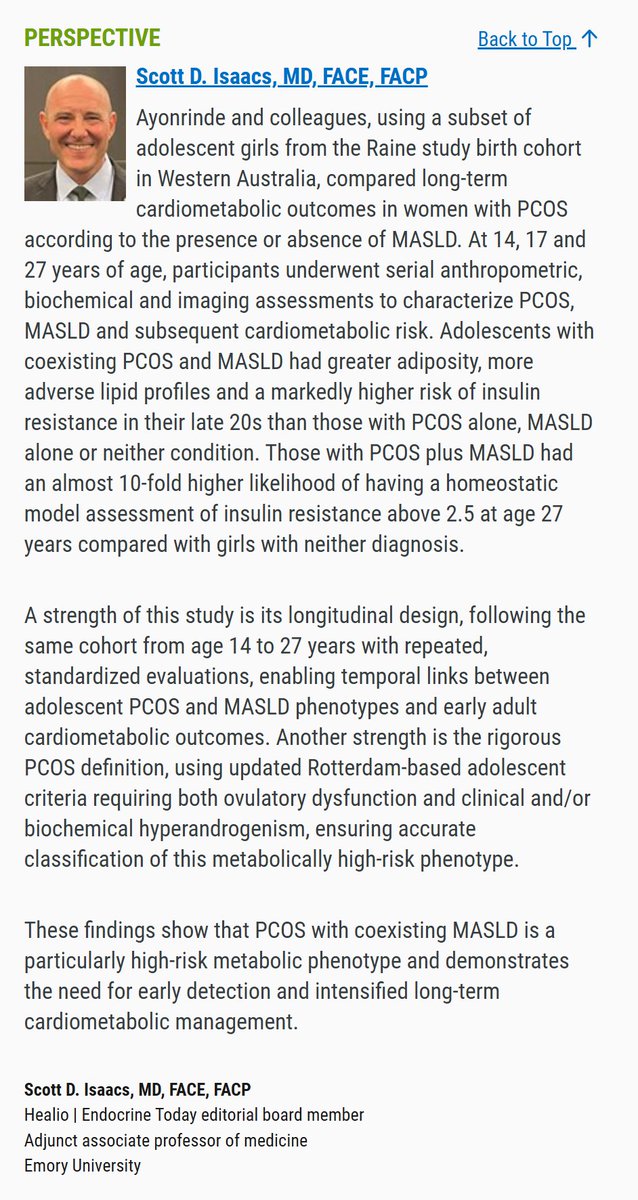 scottisaacsmd's tweet image. Women diagnosed with #PCOS and #MASLD as adolescents had higher BMI and liver enzymes than healthy women in their 20s according to the Raine study birth cohort in Western Australia.
healio.com/news/endocrino…