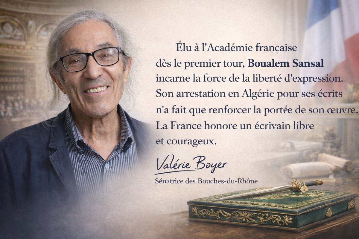 Élu à l’Académie française dès le premier tour, #BoualemSansal incarne la force de la liberté d’expression. Son arrestation en Algérie pour ses écrits n’a fait que renforcer la portée de son œuvre. La France honore un écrivain libre et courageux.