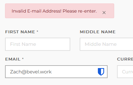 bevelwork's tweet photo. Hey @miraclesoft, ya'll should fix your email validiation. Regex on the client side for email addresses is harder than you think. https://t.co/q4Ll0CVnIQ