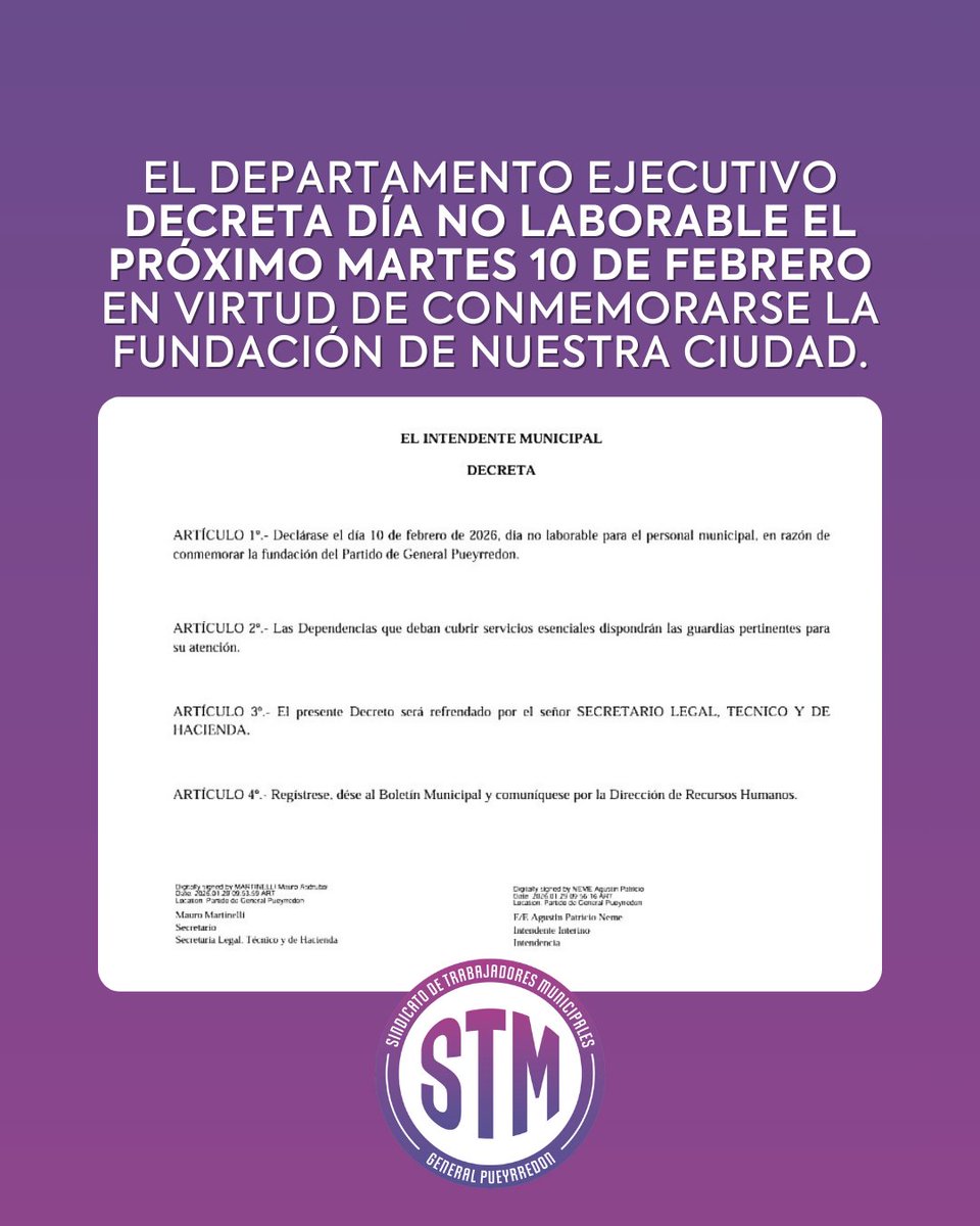 El Departamento Ejecutivo decreta día no laborable el próximo martes 10 de febrero en virtud de conmemorarse la fundación de nuestra ciudad.

#stmmardelplata 
#SomosTrabajadoresMunicipales