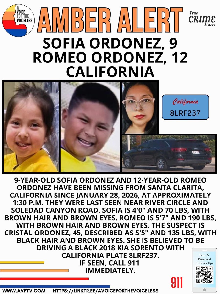 🚨 AMBER ALERT 🚨 9-year-old Sofia Ordonez and 12-year-old Romeo Ordonez have been missing from Santa Clarita, California since January 28, 2026, at approximately 1:30 p.m. They were last seen near River Circle and Soledad Canyon Road.

Sofia is 4'0" and 70 lbs, with brown hair