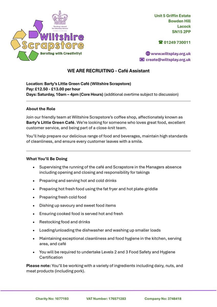 WScrapstore's tweet photo. WE ARE RECRUITING – Café Assistant

At Barty’s Little Green Café at Wiltshire Scrapstore
We’re looking for someone who loves great food, excellent customer service, &amp; being part of a happy team.

📄 For more information, please see attached job advert. https://t.co/eIDlonAbp1