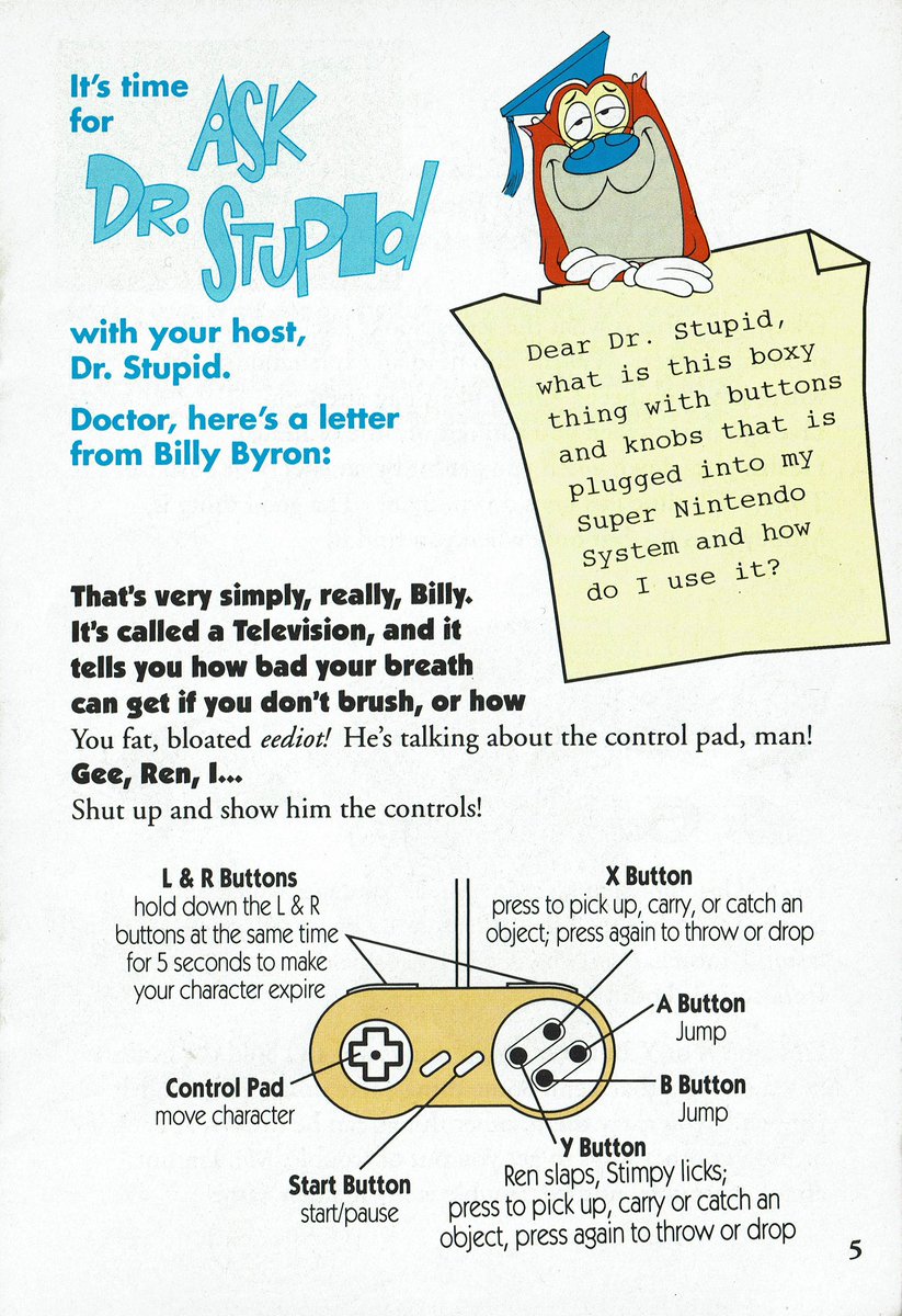 VGArtAndTidbits's tweet image. Four pages from The Ren &amp;amp; Stimpy Show: Veediots Super Nintendo instruction manual.