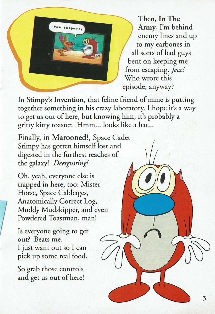 VGArtAndTidbits's tweet image. Four pages from The Ren &amp;amp; Stimpy Show: Veediots Super Nintendo instruction manual.