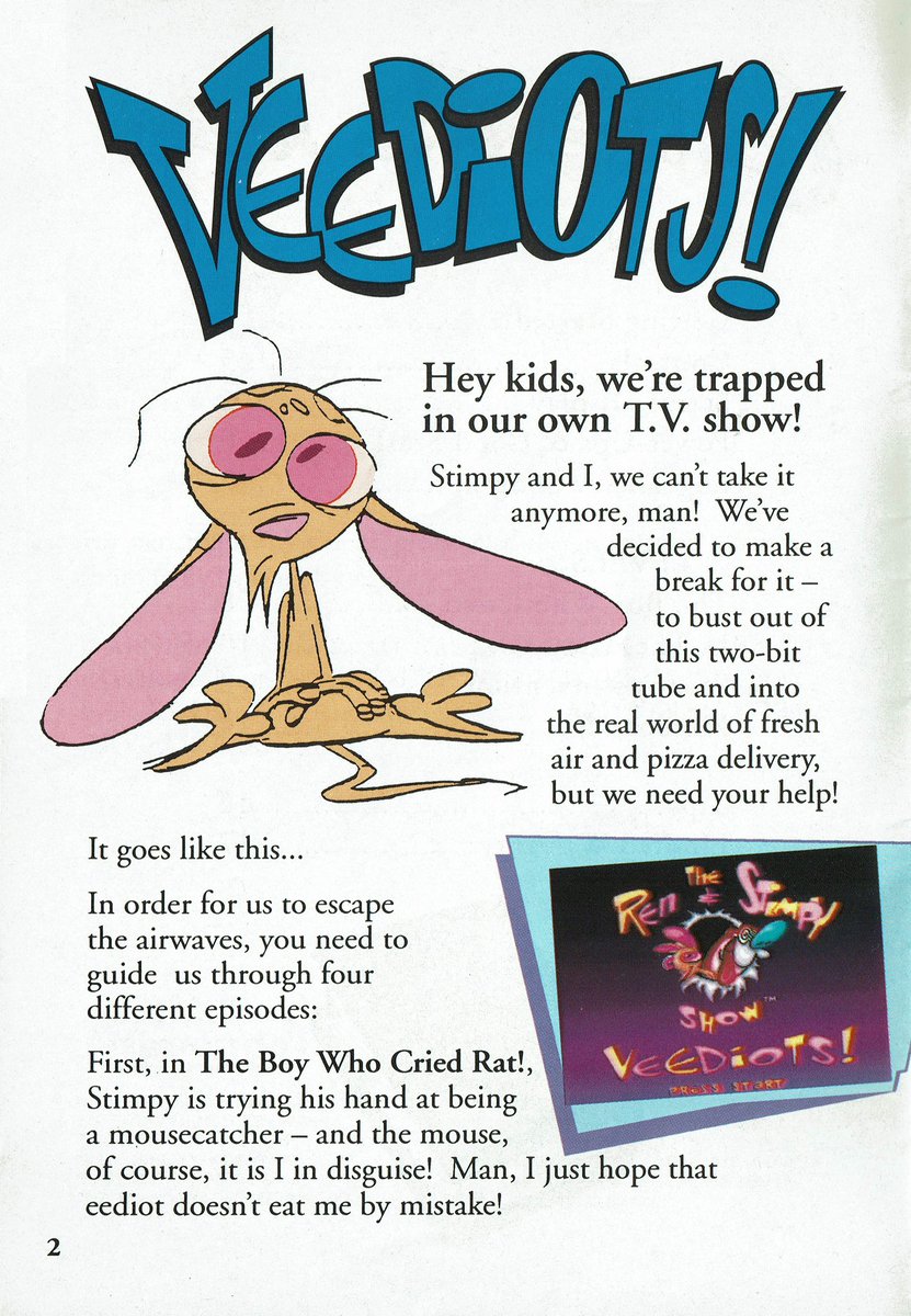 VGArtAndTidbits's tweet image. Four pages from The Ren &amp;amp; Stimpy Show: Veediots Super Nintendo instruction manual.