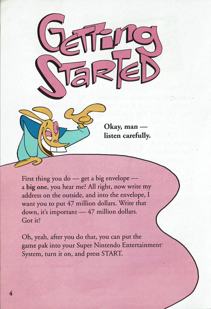 VGArtAndTidbits's tweet image. Four pages from The Ren &amp;amp; Stimpy Show: Veediots Super Nintendo instruction manual.
