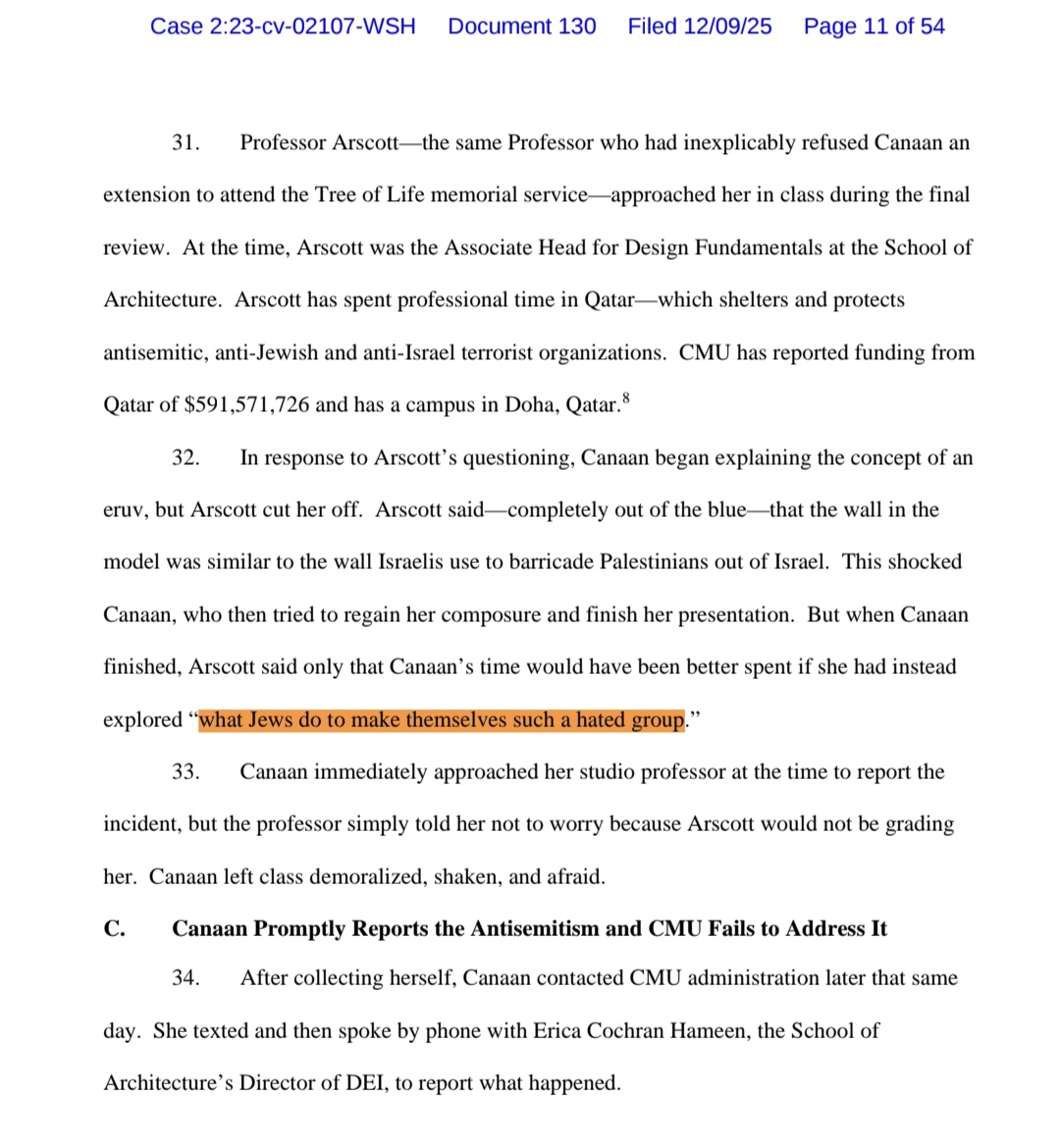 EFischberger's tweet image. “What Jews Do to Make Themselves Hated”

According to the amended complaint in Canaan v. Carnegie Mellon University, that line was said directly to a Jewish student during a required architecture studio review, in response to her final project.

The student, Yael Canaan,…