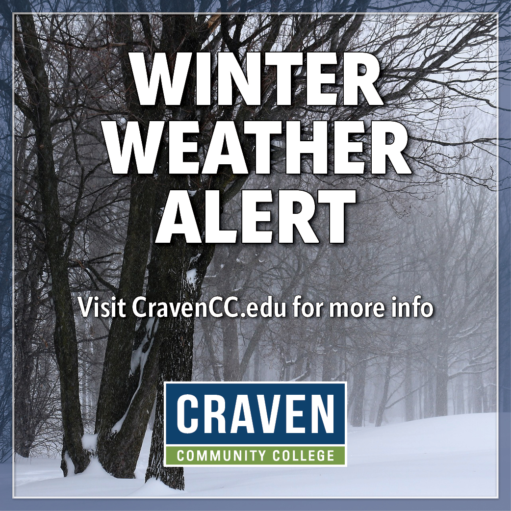 cravencc's tweet photo. Craven CC will close all campuses Saturday, Jan. 31 through Sunday, Feb. 1 due to winter weather and the potential for dangerous driving conditions. This storm has the potential to impact the College's schedule early into next week. Updates &amp; more info at https://t.co/ivP4dgHyiP. https://t.co/ffEitRFRni