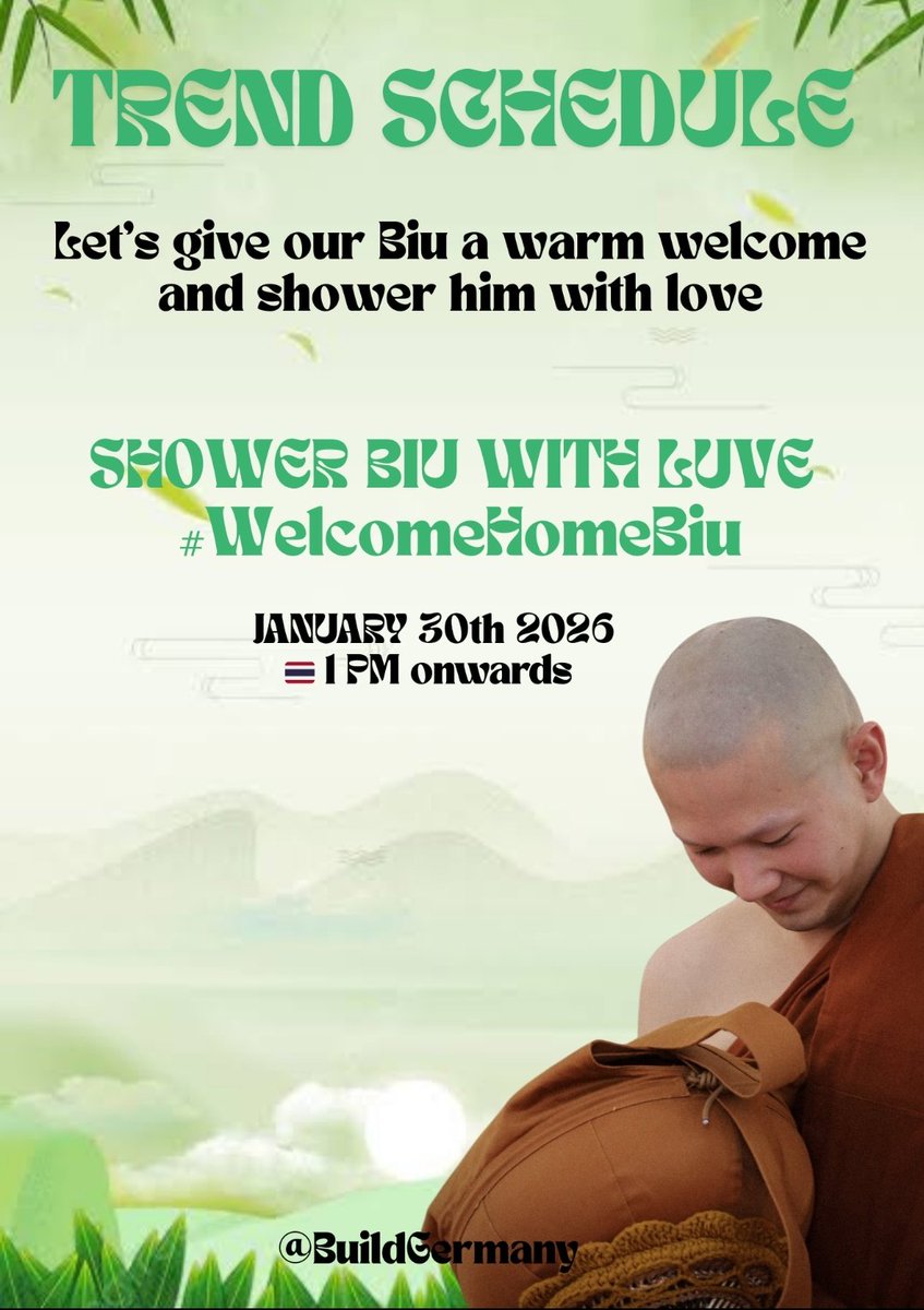 📢 BUILD TREND SCHEDULE 

Vamos dar uma calorosa boas-vindas ao nosso Biu e dizer a ele o quanto sentimos a falta dele.

🗓️  30 de Janeiro de 2026 (amanhã)
🔑  SHOWER BIU WITH LUVE 
#️⃣  WelcomeHomeBiu
⏰  🇹🇭1 PM  🇧🇷 3AM (o dia todo)

Trend &amp; Graphic BuildGermany  

#BuildJakapan