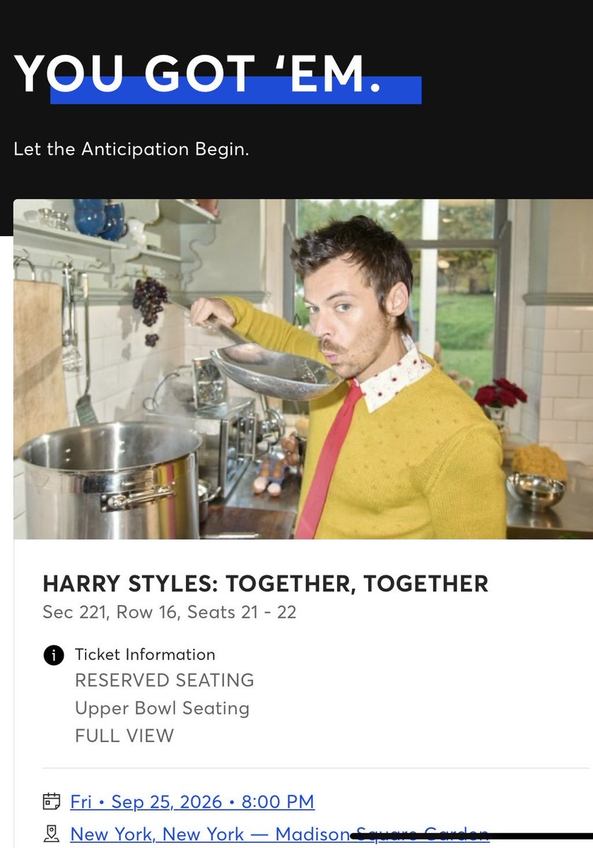 ohyeahiknow1D's tweet photo. IM GOING TO SEE HARRYYYYYYYY. I got on the queue 15 min before and had 2K in front of me. Sec 200 for $100 each!!! https://t.co/gWGyDedg8U