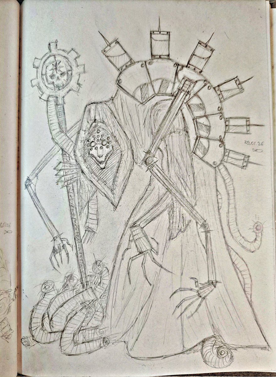 I once had a fictional universe that I successfully abandoned long ago. A kind person asked me to draw a techpriest, so I decided to draw one of my former characters as a dark mechanicum. Overall, it's not that different from its original