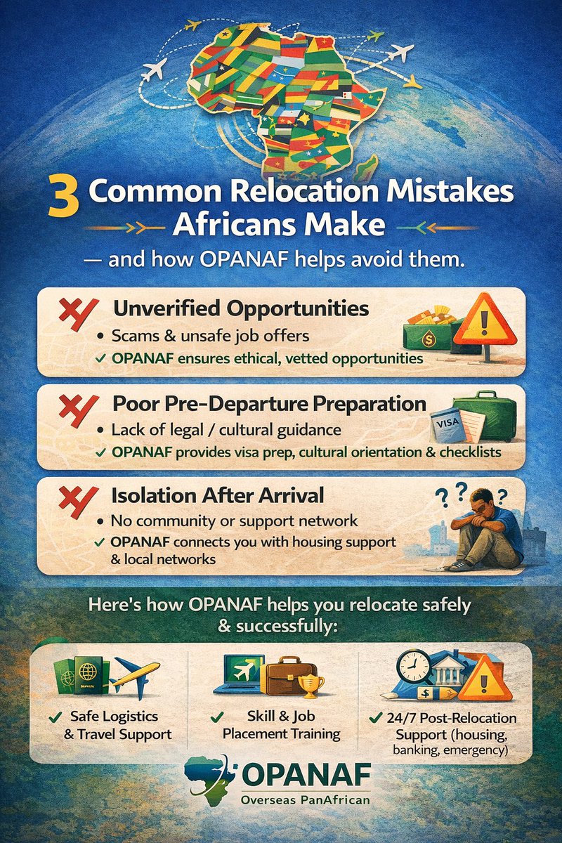 hello_tundebaba's tweet image. 3 Common Relocation Mistakes Africans Make – and how OPANAF helps avoid them.

Building on my recent 5 Steps thread…
opanaf.org
#OPANAF #SafeRelocation #AfricanDiaspora 

Thread 👇