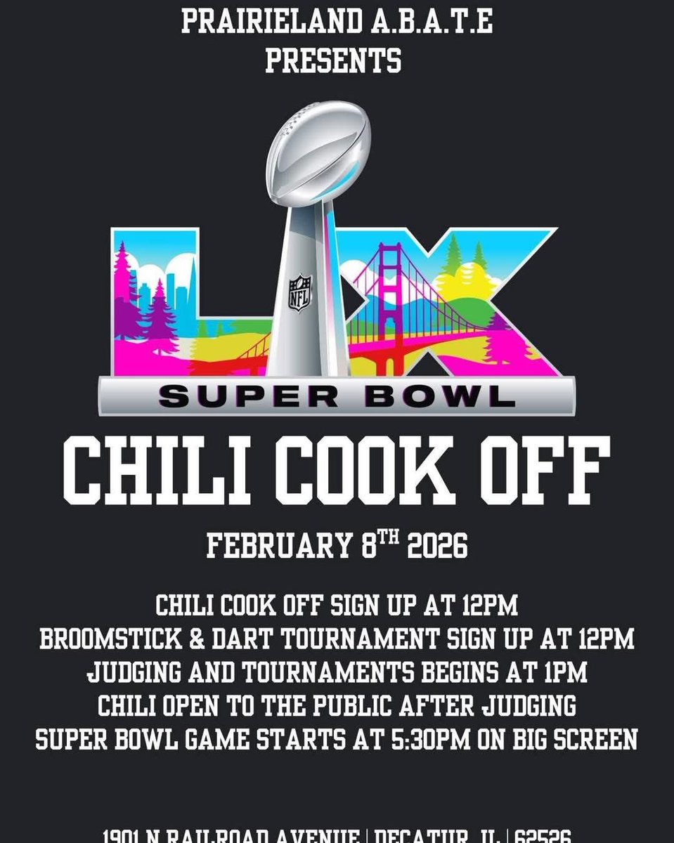 Woah! Food, football, broomstick and darts! You gotta find something to love at this event. Head out to Prairieland ABATE’s chili cook off and try to bring home one of the wins! <a href="/teri24767249/">teri</a> #twill #ABATEIL 🏍