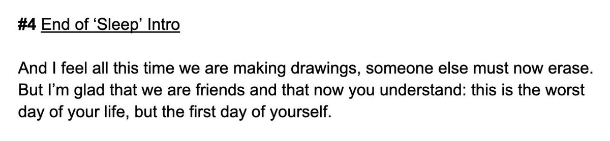 # 4 

during the first line, gerard is looking down at the chalk them and the clerk have just drawn. this, coupled with this speech, feels much like it’s foreshadowing the scene we see during ‘blood’: they are “friends” but one “must now erase” that fact by murdering them.