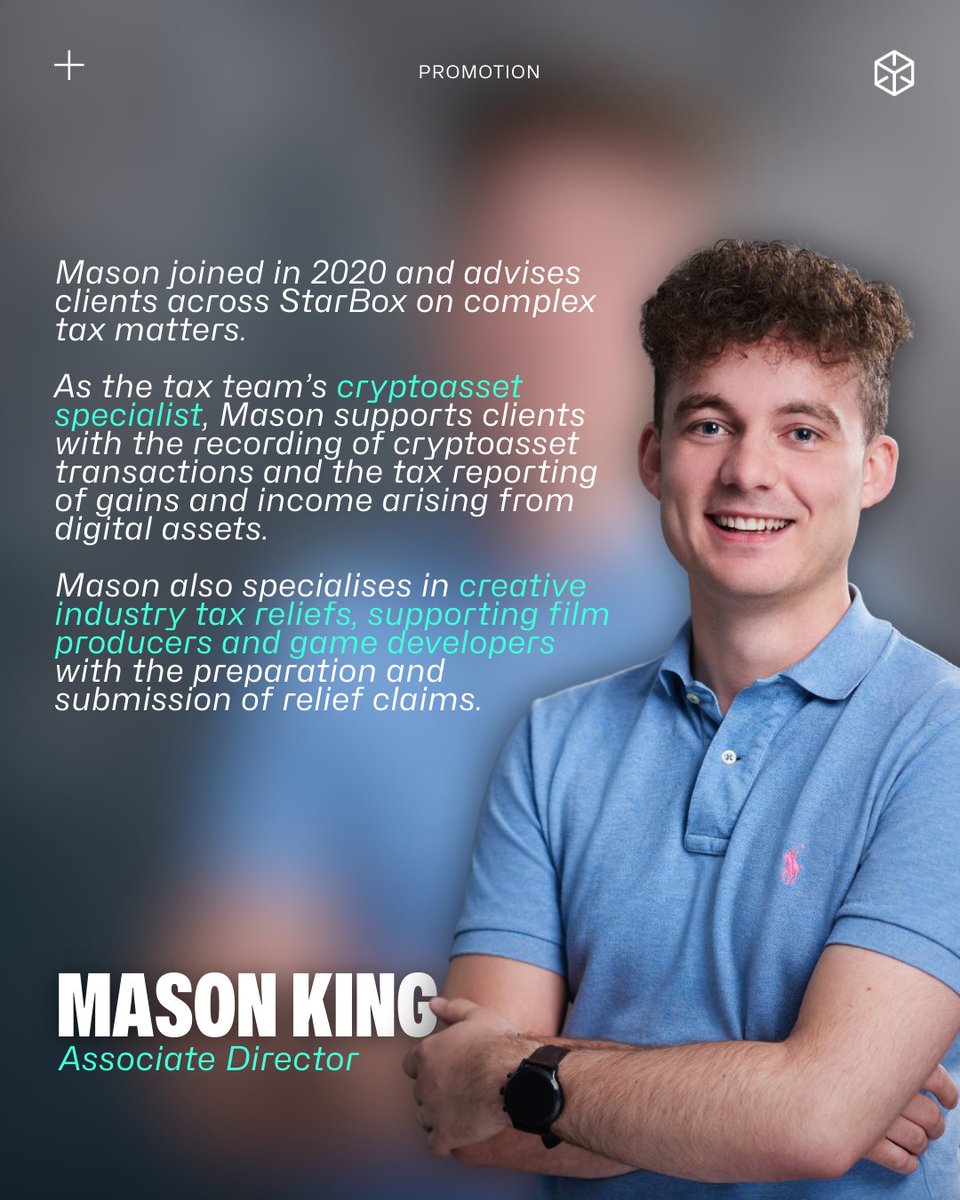 StarBoxAccounts's tweet photo. Congrats to Mason on his promotion to Associate Director.

Since joining in 2020, Mason has become a key tax adviser, specialising in #cryptoassets and #creativeindustrytaxreliefs. From #cryptoreporting to supporting #filmproducers and #gamedevelopers with #taxrelief claims. https://t.co/1uWgKZB4fT