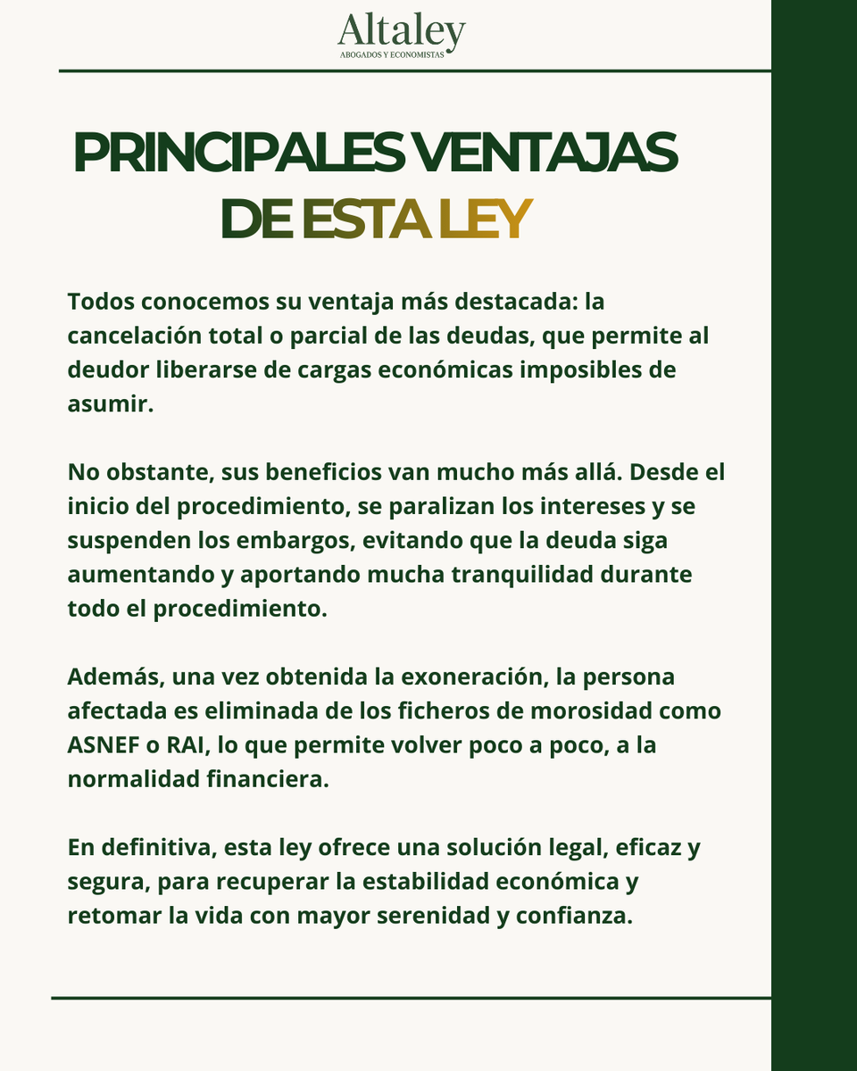 altaley2's tweet photo. 👉 Esta ley permite cancelar total o parcialmente las deudas y suspender intereses y embargos desde el inicio del procedimiento. Tras la exoneración, se elimina al deudor de los ficheros de morosidad, facilitando así la recuperación de la estabilidad económica. https://t.co/5l07Los5M9
