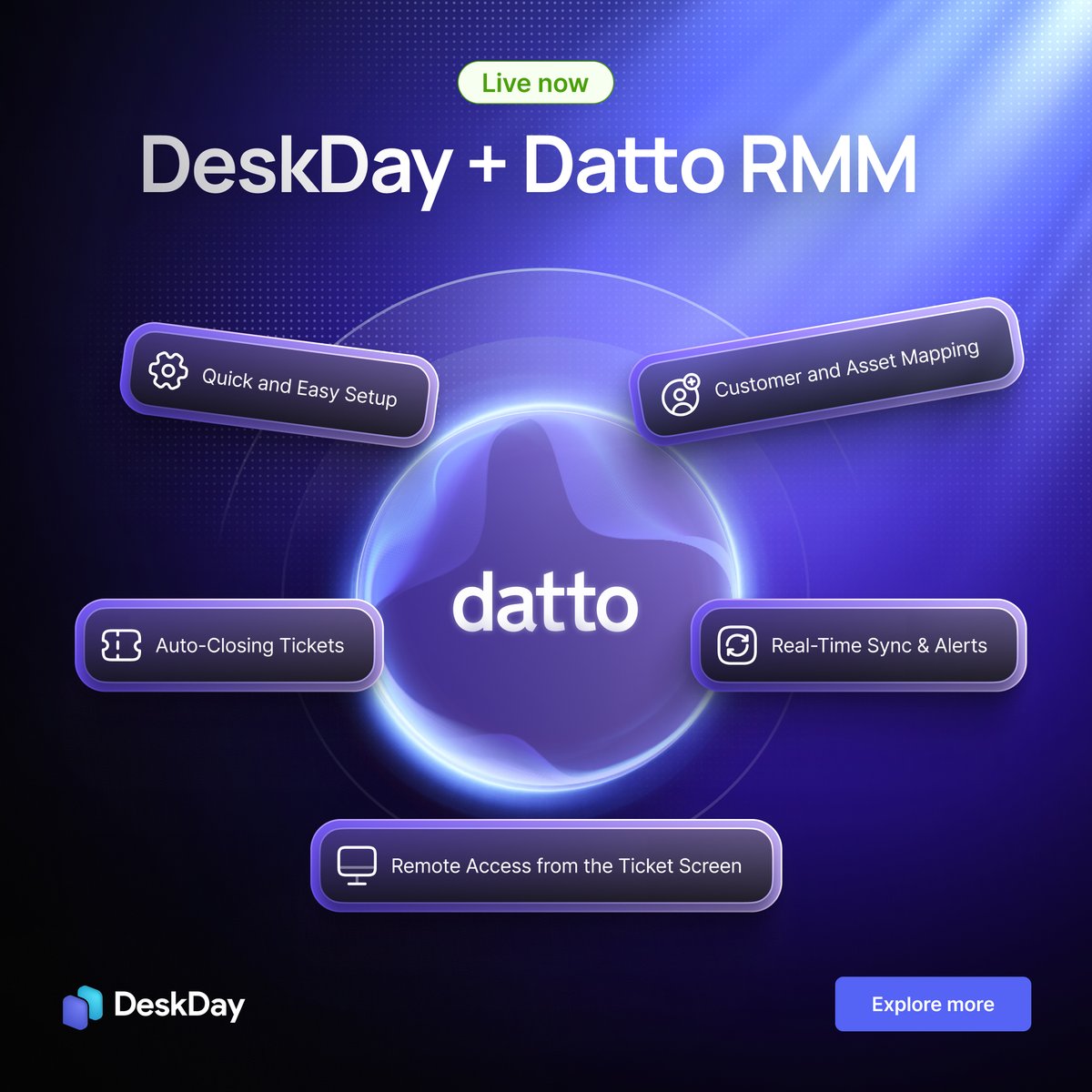 deskday_com's tweet photo. Datto RMM is now live inside DeskDay 💜

Alerts, assets, and tickets stay in sync, with remote access and auto-closing built in. One calm workflow, now with @datto .

👉 https://t.co/dvx3QoNp52

#rmm #psa #datto #deskday #helpdesk #servicedesk #helpdesktools #rmmtools #dattormm https://t.co/guvTxvV182