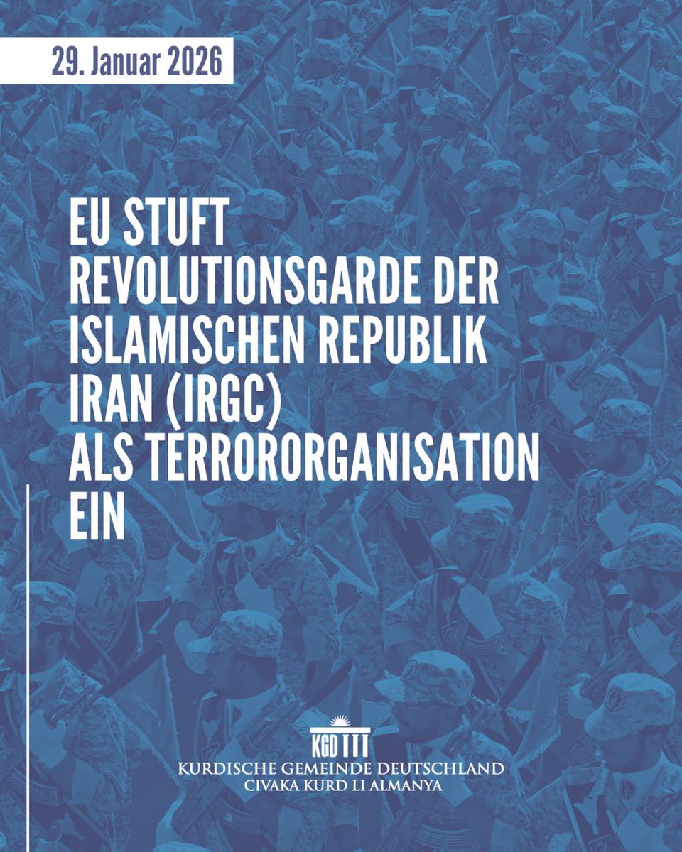 KGDOnline's tweet photo. Die Europäische Union hat einen bedeutenden Schritt unternommen:

Die Revolutionsgarde der Islamischen Republik Iran (IRGC) wurde als Terrororganisation eingestuft.

Damit wurde endlich eine der zentralen und langjährigen Forderungen von Menschenrechtsorganisationen und der kurdischen Community erfüllt. Die IRGC ist jedoch weit mehr als eine militärische Einheit: Sie bildet das Machtzentrum des iranischen Regimes und ist eng mit Politik, Wirtschaft und dem Sicherheitsapparat verwoben.

Seit Jahrzehnten ist sie verantwortlich für massive Menschenrechtsverletzungen, die brutale Niederschlagung von Protesten im Iran und die Unterstützung extremistischer sowie terroristischer Strukturen weit über die Landesgrenzen hinaus.

Mit der Einstufung als Terrororganisation sind konkrete Konsequenzen verbunden:
Vermögenswerte werden eingefroren, wirtschaftliche Aktivitäten unterbunden und internationale Finanzströme unterbrochen. Damit wird dem Regime eine zentrale finanzielle und operative Grundlage entzogen.

Gleichzeitig sendet diese Entscheidung ein klares Signal an die internationale Gemeinschaft: Die IRGC wird nicht länger als staatlicher Akteur legitimiert, sondern als das benannt, was sie ist – eine Terrororganisation.

Nun kommt es darauf an, dass diese Entscheidung konsequent auf europäischer wie auf nationaler Ebene umgesetzt wird.
Menschenrechte sind nicht verhandelbar. Schweigen ist keine Option.

#IRGC #Iran #kurden #kurdistan #Menschenrechte #EU #Terrorliste #Solidarität