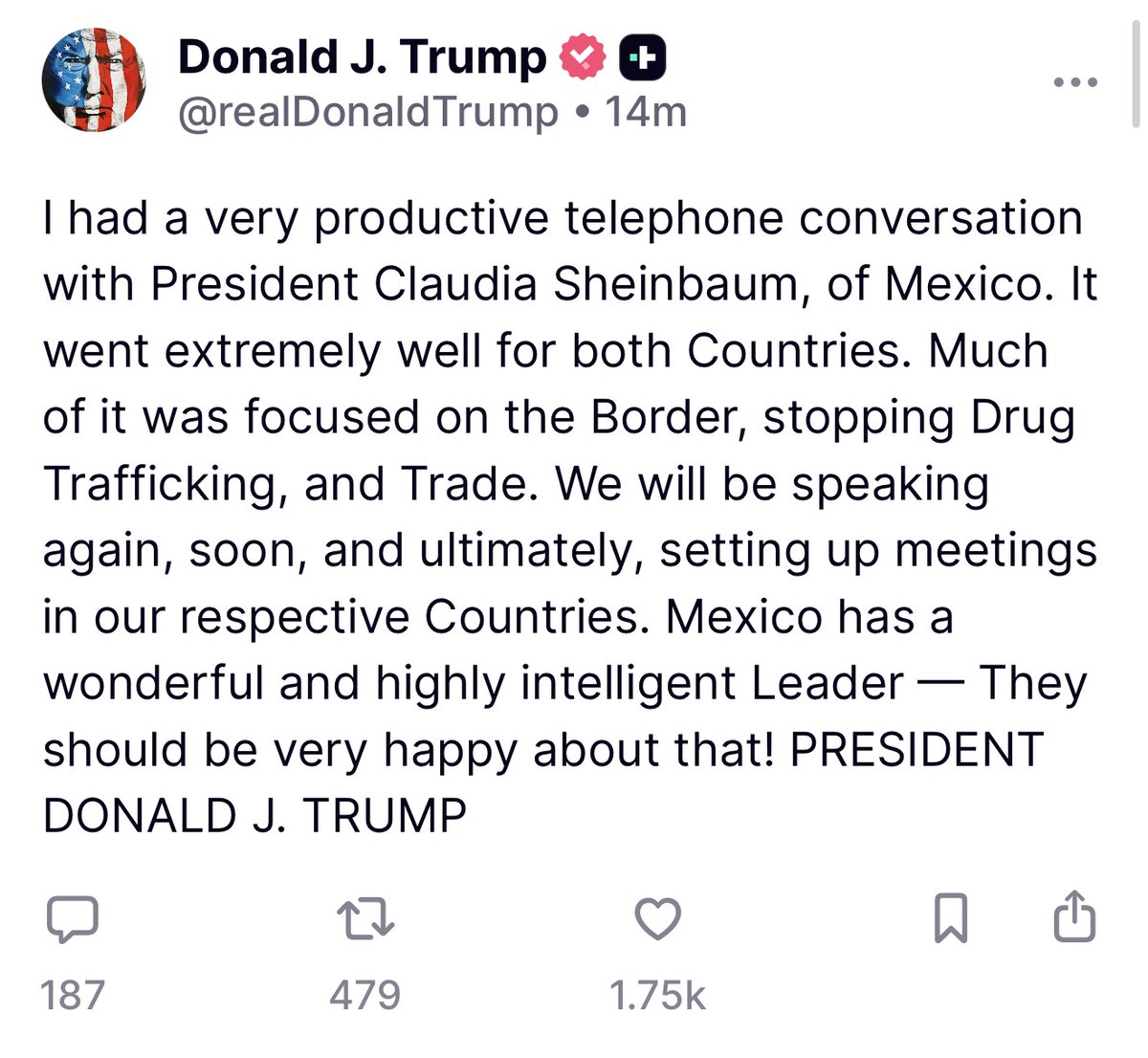 arielmou's tweet photo. ⚡️ATENCIÓN

Trump sobre la llamada con @Claudiashein hoy:

"Tuve una conversación telefónica muy productiva con con la Presidenta Claudia Sheinbaum, de México. Salió extremadamente bien para ambos Países. Mucho de esta estuvo enfocada en la Frontera, detener el Tráfico de Drogas, y el Comercio. Vamos a hablar otra vez pronto y a terminar agendando encuentros en nuestros respectivos países. México tiene una Líder maravillosa y altamente inteligente - Deben estar muy contentos de ello! PRESIDENTE DONALD J. TRUMP"