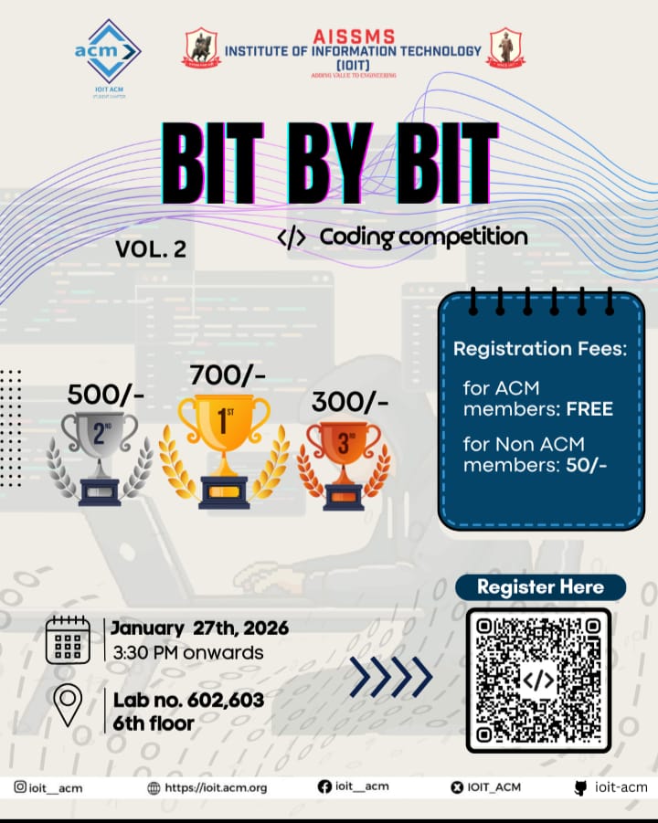 IOIT_ACM's tweet photo. 📢 *BIT BY BIT – Vol. 2* | Coding Competition 💻
Hello everyone!
ACM AISSMS IOIT is organizing Bit by Bit – Vol. 2, a coding competition to test your logic, problem-solving, and coding skills.
📅 Date: 27th January 2026
⏰ Time: 3:15 PM onwards
📍 Venue: Lab 602 &amp; 603, 6th Floor https://t.co/Ndckq4SyQh