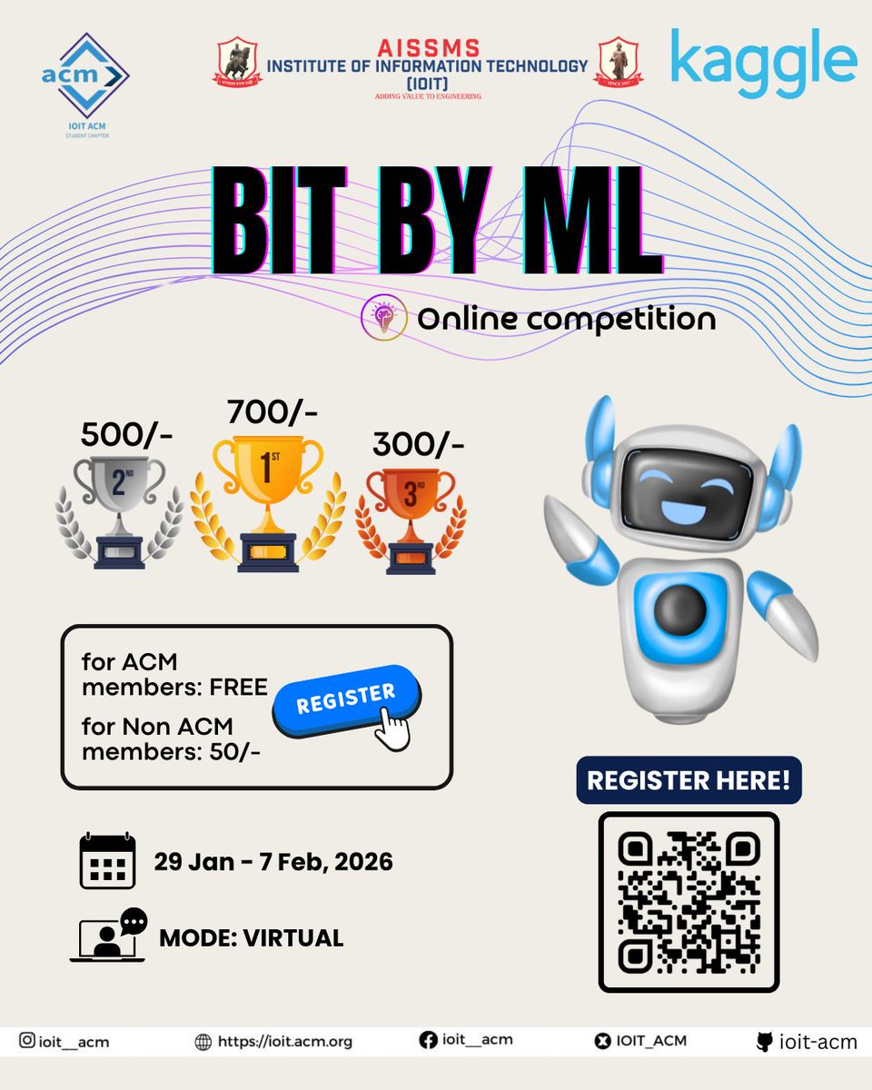 IOIT_ACM's tweet photo. 🤖 BIT BY ML | Online Machine Learning!

Hello everyone!
The AISSMS IOIT ACM Student Chapter presents Bit By ML, an online competition focused on building Intelligent Machine Learning models using real-world data.

🗓 29th January 2026 to 7th February 2026
🌐 Mode: Online https://t.co/dKzxplfCjw