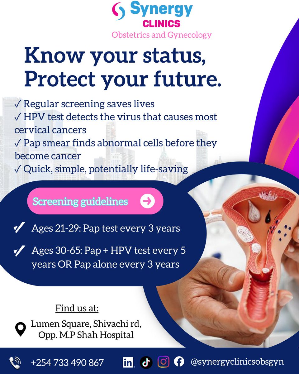SynergyClinicsP's tweet photo. Know your status, protect your future. 🎗️
Cervical cancer screening guidelines:
🔹 Ages 21-29: Pap test every 3 yrs
🔹 Ages 30-65: Pap + HPV every 5 yrs
Quick, simple, and life-saving. Book your test at Synergy Clinics today!
📞 +254 733 490 867
#CervicalCancer #WomensHealth https://t.co/ckZQyFCy0d