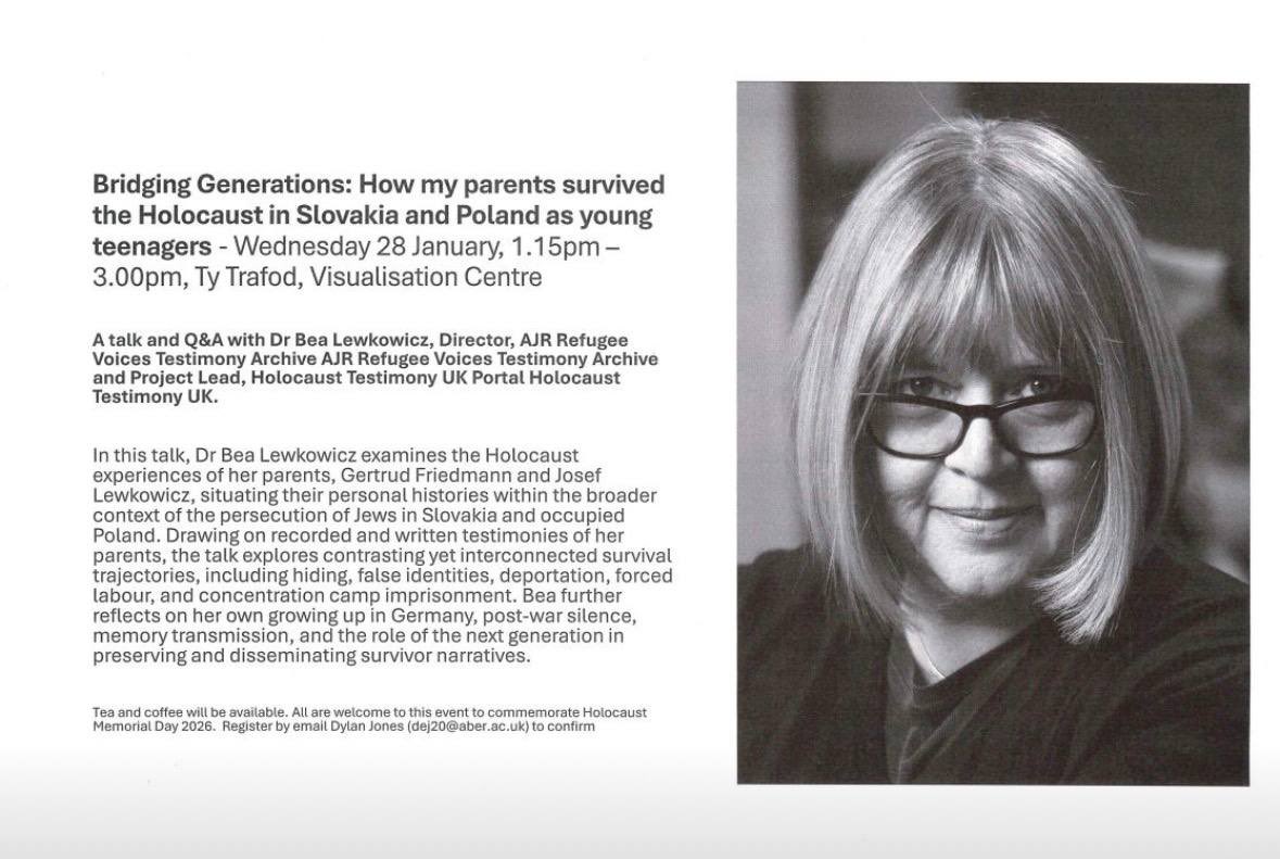 Irgendwie berührend. Mein in #Aberystwyth studierendes Kind war zu diesem Vortrag bei dieser wundervollen und klugen ⁦<a href="/bea_lewkowicz/">Dr Bea Lewkowicz</a>⁩ .
So treffen sich ähnliche Biografien in einem kleinen entlegenen Ort in Wales. 
#HolocaustRemembrance