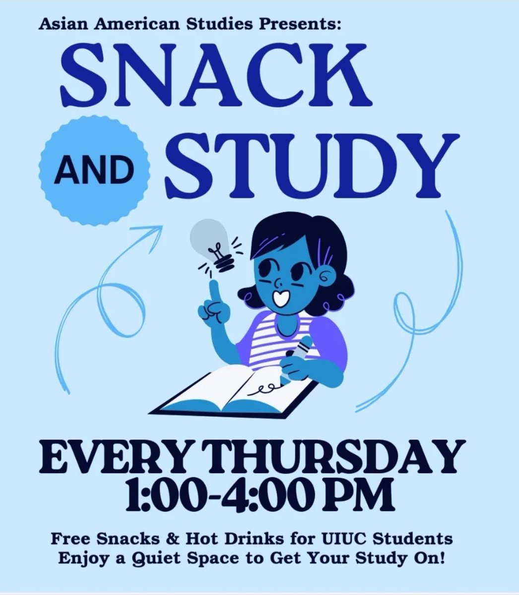 FREE SNACK &amp; STUDY 
Thursdays 1:00-4:00pm @ AAS (1208 W Nevada St, Urbana)   
Thu Jan 29, 2026: Cozy Reading Room vibes + free hot drinks &amp; snacks!  
Stop by every week for free fuel, comfy seats &amp; chill study/break time.  Hosted by Asian American Studies

#UIUCFreeFood