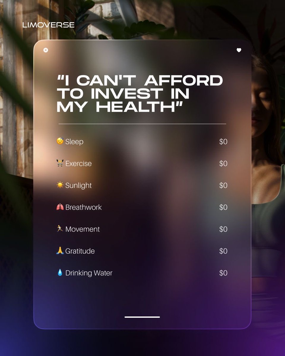 limoverseglobal's tweet photo. Think investing in your health costs a fortune? Think again 🧠

Sleep, movement, sunlight, hydration, breathwork, and gratitude all cost $0 yet give huge returns in energy, focus, and resilience.

Start today and let your body thank you! 💪🏻 https://t.co/yaARpW8bvQ