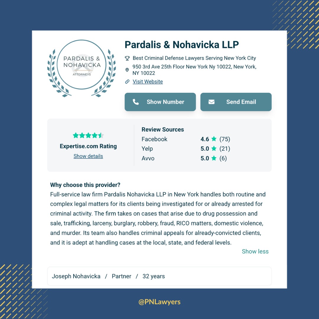 PNLawyers's tweet image. PN Lawyers has been recognized as one of the Best Criminal Defense Lawyers in New York, NY by Expertise.com.

We will continue to strive to maintain our ranking by offering quality service to the public.

#CriminalDefense 
#NYCriminalDefense 
#LegalRecognition