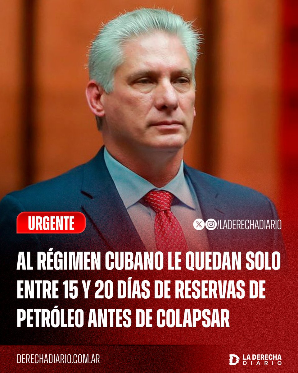 🚨🇨🇺 | #URGENTE SE VIENE: Al régimen comunista cubano de Díaz-Canel le quedan solo entre 15 y 20 días de reservas de petróleo antes de colapsar, según reveló el Financial Times.