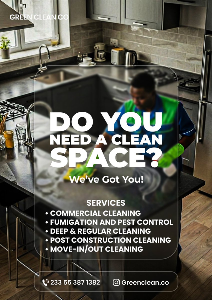 Green_Cleann's tweet image. A cleaner space starts today. ✨
Expert cleaning, fumigation &amp;amp; post-construction cleanup.
📲 Call/WhatsApp 233 55 387 1382
#GhanaBusiness #ProfessionalCleaning