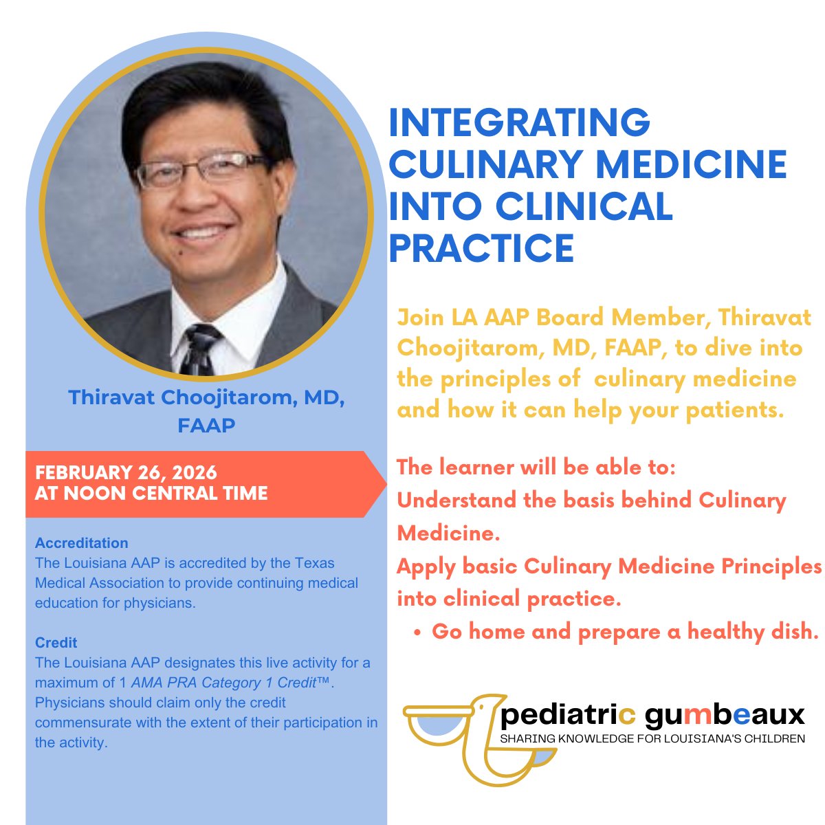 MyLAAAP's tweet photo. Please join us in 1 week for our Pediatric Gumbeaux webinar: Integrating Culinary Medicine into Clinical Practice. Register online at https://t.co/q8lmUYdqex https://t.co/s8JUp1esD8