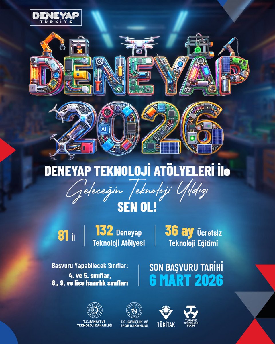 🌟DENEYAP Teknoloji Atölyeleri ile Geleceği Tasarlayan Sen Ol!

Türkiye’nin 81 şehrinde yer alan 132 Deneyap Teknoloji Atölyesi’nde hayata geçirilen "Geleceğin Teknoloji Yıldızları Programı"na başvurular başladı!

Geleceğin Teknoloji Yıldızı olacak çocuklarımız ve gençlerimiz 36