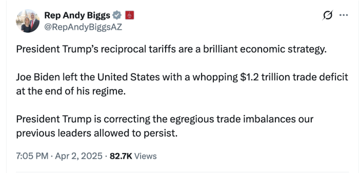 American_Bridge's tweet image. Andy Biggs said Trump's tariffs were “brilliant.” Tell that to the families paying more for groceries, gas, and just about everything else. #AZGov