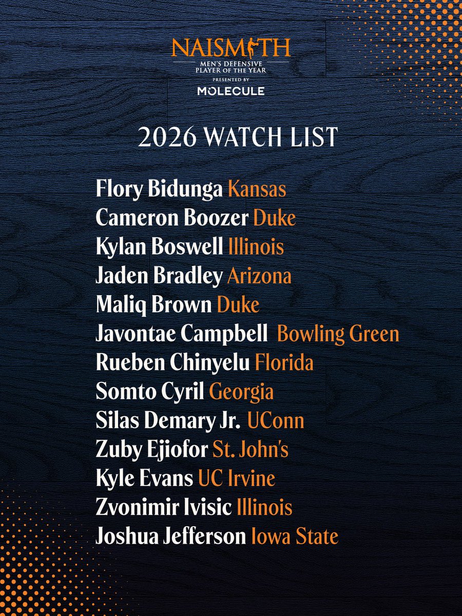 NaismithTrophy's tweet image. Defensive excellence recognized.

Introducing the 2026 Naismith Men’s College Defensive Player of the Year Presented by @moleculesleep Watch List.