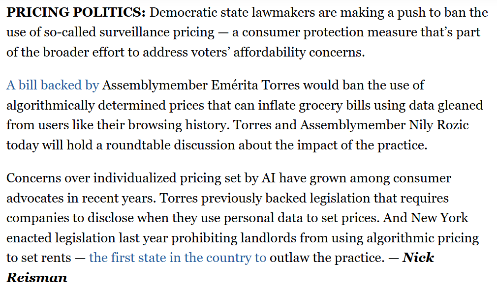 econliberties's tweet photo. NEW: @AMEmeritaTorres is backing a bill to BAN surveillance pricing in New York.

As concerns over individualized pricing rise, it's great to see lawmakers step up to pass commonsense reforms that protect consumers and workers from this dystopian pricing tactic. https://t.co/P8NdbpZsJD