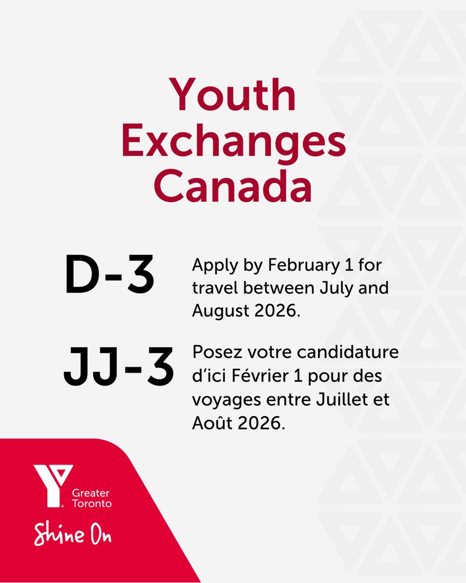 Youth Exchanges Canada supports group travel that builds connection, learning, and shared memories. The February 1 deadline helps ensure there's enough time to pair groups, coordinate, and prepare for exchanges in July and August. Visit ymcagta.org/yec/en.
