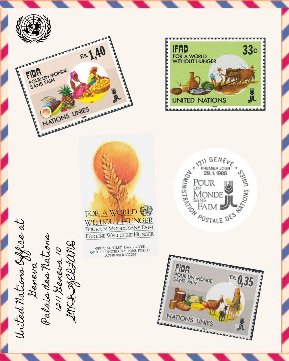 UNGeneva's tweet image. #ThrowBackThursday to snail mail and the inauguration of the @IFAD 's “For a World without Hunger” stamp, debuting on this day in 1988.

Issued by @unstamps, they represent global development priorities from the late 80's #ZeroHunger