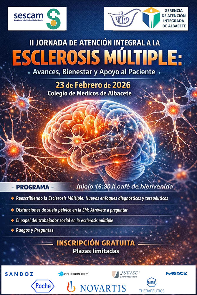 II Jornada de Atención Integral a la Esclerosis Múltiple: Avances, Bienestar y Apoyo al paciente.

Inscripciones: el día 23 de febrero en el Colegio de Médicos de Albacete.

La Jornada está dirigida a pacientes.

<a href="/EMALBACETE/">Esclerosis Múltiple</a>  #EsclerosisMúltiple 
<a href="/EM_Albacete/">EMpoderate Albacete</a>