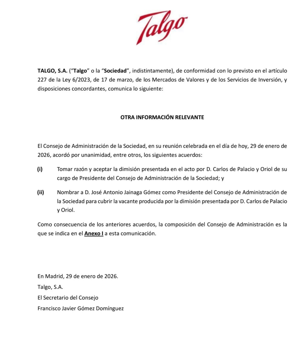 JCPF_Carlos's tweet photo. #TALGO #TLGO 

✍️Paso a paso. 

📌Carlos de Palacio y Oriol presenta su dimisión como Presidente del Consejo de Administración y en su lugar se nombra a José Antonio Jainaga Gómez https://t.co/A6qwLtEUg1