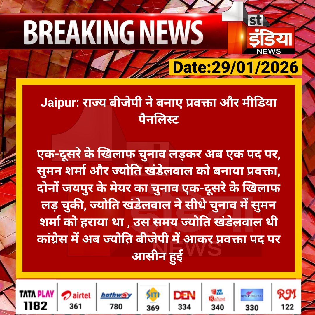 1stIndiaNews's tweet photo. #Jaipur: राज्य बीजेपी ने बनाए प्रवक्ता और मीडिया पैनलिस्ट
एक-दूसरे के खिलाफ चुनाव लड़कर अब एक पद पर, सुमन शर्मा और ज्योति खंडेलवाल को बनाया प्रवक्ता...
#FirstIndiaNews #BJP #BreakingNews #StateBJP #PoliticalNews #BJPLatestNews #BJPUpdate #Spokesperson #BJPPanel @BJP4Rajasthan @madanrrathore @yogesh2727sh1