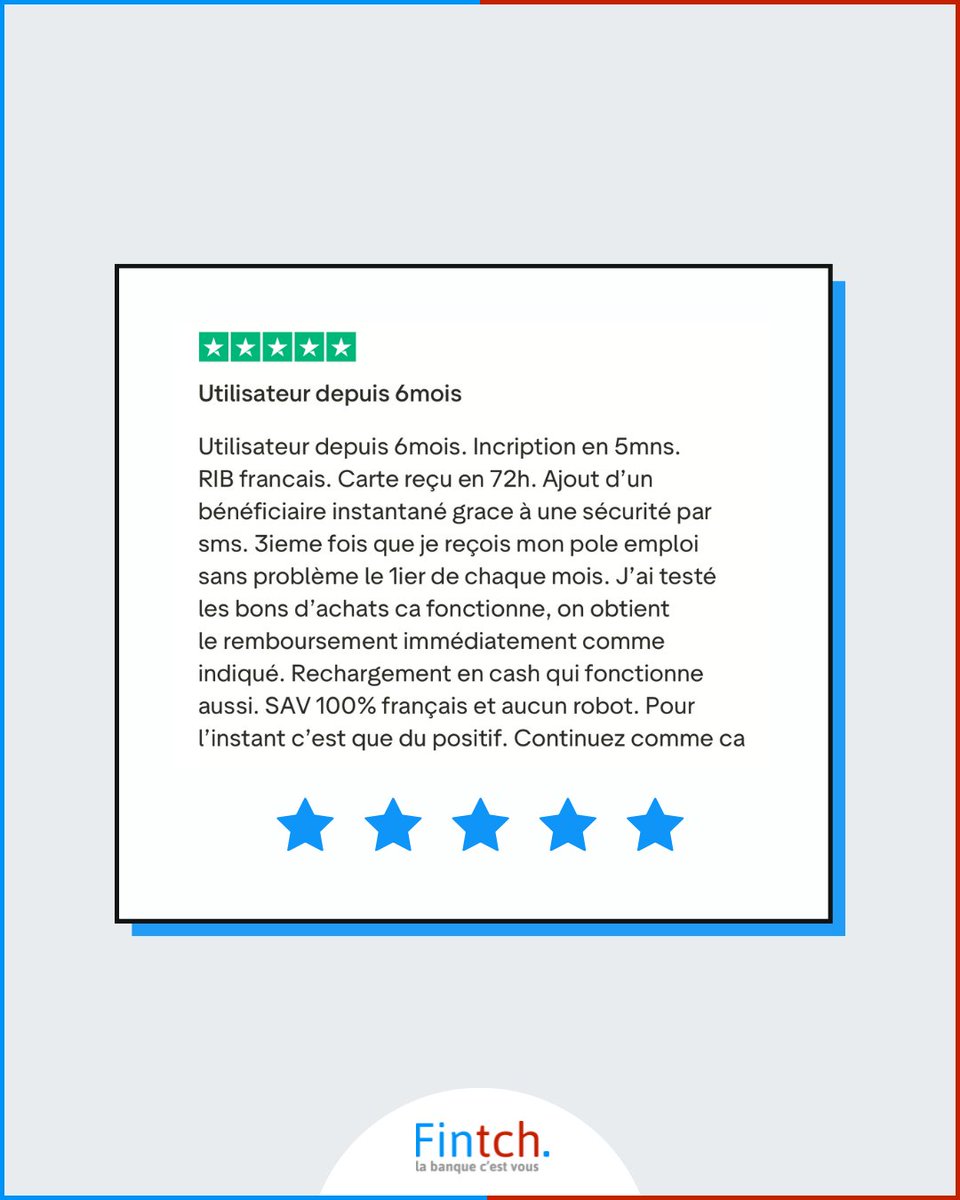 ⭐️⭐️⭐️⭐️⭐️
Parce que ce sont les utilisateurs qui en parlent le mieux.
Inscription rapide, carte reçue en quelques jours, service client humain : la confiance se construit dans la durée.

#fintch