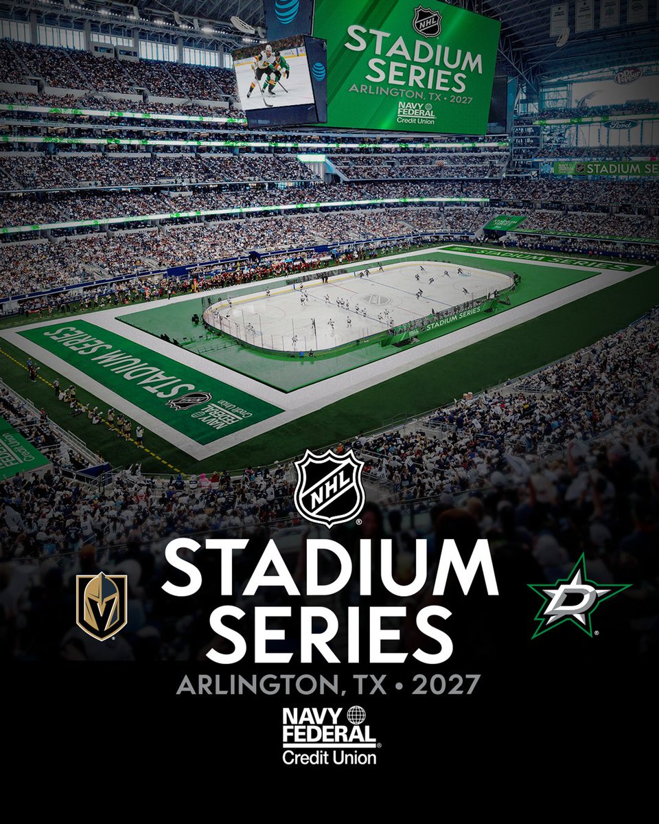 The <a href="/GoldenKnights/">Vegas Golden Knights</a> will face the <a href="/DallasStars/">Dallas Stars</a> in the 2027 <a href="/NavyFederal/">Navy Federal Credit Union</a> NHL #StadiumSeries! 🏟️

This game will take place at AT&amp;T Stadium in Arlington, Texas on February 20th, 2027.