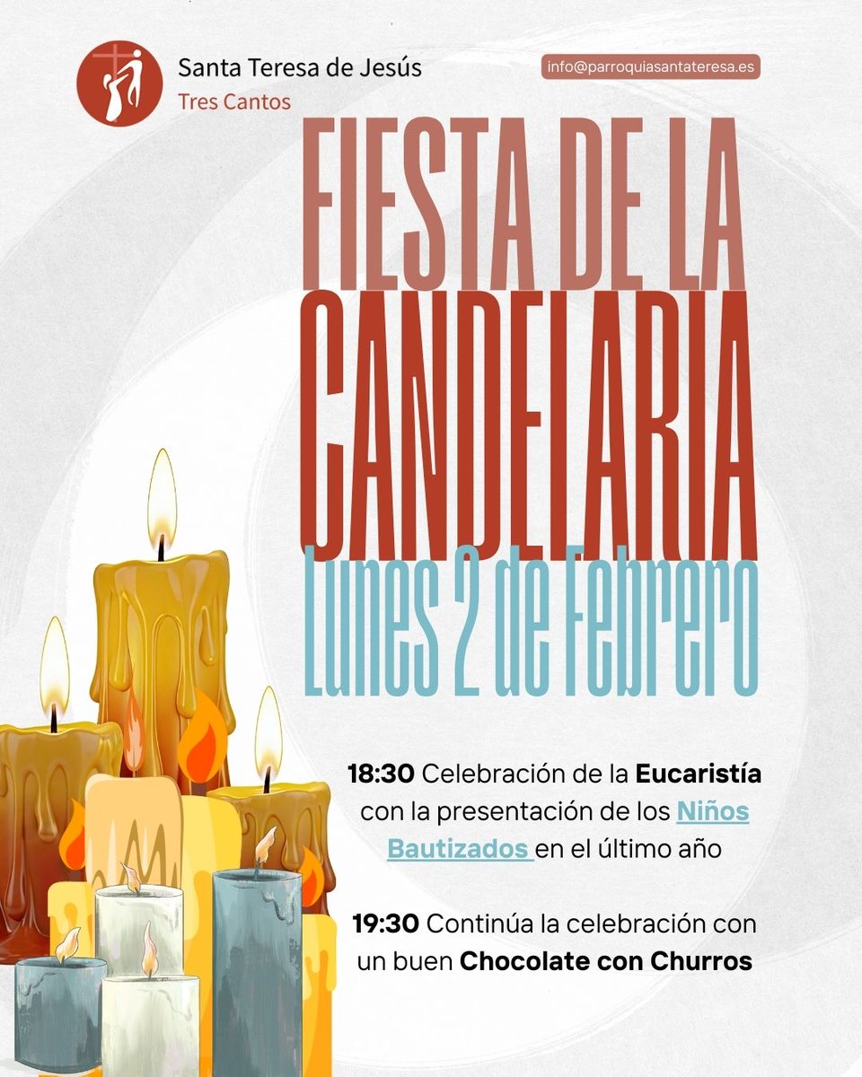 ¡Fiesta de la Candelaria!
El 2 de febrero, a las 18:30, celebramos la misa de la Candelaria y presentaremos a la Virgen a los niños bautizados este último año. Después tomaremos juntos un buen chocolate con churros.
La fe crece cuando se vive en familia. ¡Te esperamos!
