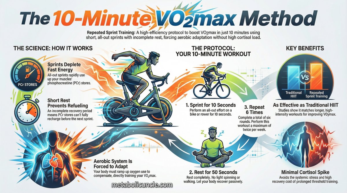 MetabolicUncle's tweet photo. YOUR FASTEST TICKET TO A HIGHER VO2MAX WITHOUT WRECKING YOURSELF WITH STRESS/CORTISOL

Most people grinding away at zone two training or Norwegian 4x4 intervals don't know they're leaving gains on the table. 

There's a faster and easier way to spike your VO2max that takes ten minutes and doesn't flood your system with cortisol the way long threshold sessions do.

Repeated sprint training. Short bursts, incomplete recovery, done. No one talks about it because it doesn't fit the narrative that aerobic capacity requires suffering through hour-long slogs or gureling threshold intervals.

THE MECHANISM EVERYONE IGNORES

Your muscles store about 100-150 grams of phosphocreatine. When you sprint all-out for 5-10 seconds, you burn through maybe 60% of those stores. 

The phosphate group from phosphocreatine instantly recharges ADP back to ATP. Fast energy, no oxygen required, no cortisol spike.

Here's where it gets interesting. Give yourself 30-60 seconds of rest instead of the typical 2-4 minutes between sprints, and your phosphocreatine stores can't fully recover. 

First sprint might hit 800-900 watts. By sprint six, you're down to maybe 600 watts because the tank isn't refilling.

Your body doesn't just give up. It shifts gears. Phosphocreatine contribution drops with each successive sprint. Aerobic metabolism picks up the slack. 

By the final sprints, you're hitting near-maximal oxygen uptake even though you're only working for 10 seconds at a time.

That's the trick. You tax your VO2max without the extended cortisol exposure of traditional interval work. Short stress, incomplete recovery, aerobic system forced to contribute more each round.

THE DATA HOLDS UP

A meta-analysis of 51 studies covering 1,261 athletes compared different interval protocols. Repeated sprint training was slightly higher than  high-intensity interval training for VO2max improvements, both showing large effect sizes around 1.0. 1.01 vs. 1.04.

That's statistically and biologically significant.

Sprint interval training (30-40 second sprints with 4-5 minute rest) came in third. Continuous endurance training dead last for short-term VO2max gains.

The Norwegian method works, but it requires 4-5 minute intervals at near-VO2max intensity with 2-3 minute recovery periods. 

You're looking at 30-40 minutes of total work time. Repeated sprint training gets slightly better results in 10 minutes.

Six rounds of 10-second sprints with 50-second rest. Done. Your aerobic system gets hammered without the prolonged cortisol dump of threshold work.

THE LONG GAME CAVEAT

Short-term studies favor high-intensity intervals. Over longer periods, traditional endurance training builds more capillaries around muscle fibers. Better oxygen delivery to cells. VO2max continues climbing past the initial plateau you hit with pure interval work.

The smart approach combines both. Use repeated sprint training for efficient VO2max stimulus without wrecking your recovery capacity. Add zone two work to build the vascular infrastructure that supports long-term aerobic development.

Only doing sprints caps your potential. Only doing slow cardio wastes time in the first 8-12 weeks. Mix them.

FIBER TYPE FINGERPRINTING

Here's something useful. Track your power output across six sprints. High first sprint that drops off hard indicates more fast-twitch fibers and well-developed phosphocreatine systems. 

Flatter power curve across sprints suggests better aerobic development and possibly more slow-twitch dominance.

Someone who hits 1000 watts on sprint one but crashes to 700 watts by sprint six has different physiology than someone who goes 800-750-730-740-720-700. 

First athlete has explosive power but limited aerobic backup. Second athlete has better sustained output through aerobic contribution.

Neither is better. Just different. Your training should match your fiber type distribution and your sport demands.

THE PRACTICAL PROTOCOL

Ten-second all-out sprints. Fifty seconds complete rest. Six rounds total. Ten minutes start to finish.

If you only have access to ERGs that have limitations regarding intervals (like the Concept2 rower, which I think starts at 20 seconds), you can adjust accordingly. 

Personally, I use a Rogue Echo Bike where I can sprint for 7 or 10 seconds, but it depends on what you are doing (such as running).

If you have a minimum interval size, just use a 1:4 or 1:5 work-to-rest ratio:

1. 10-second sprint: 50 seconds rest
2. 20-second sprint: 80 to 100 seconds rest

You can increase the aerobic training demand by shortening the rest, but this will definitely drop your wattage faster.

Record average watts for all six intervals. Note first interval watts and last interval watts. Calculate percentage drop. That's your fatigue index.

This gives you a physiological profile without expensive lab testing. You learn whether you need more aerobic development or more explosive power capacity.

THE CORTISOL ANGLE

Extended threshold work elevates cortisol for hours. Four-minute intervals at 90% max heart rate, repeated four times with short rest, creates significant systemic stress. Recovery takes longer. Sleep quality often suffers. Appetite regulation gets disrupted.

Ten-second sprints with 50-second rest don't trigger the same hormonal cascade. Brief stress, extended recovery between efforts, total session under 15 minutes including warmup. Your HPA axis doesn't get hammered the way it does with traditional HIIT.

For people already dealing with life stress, sleep debt, or metabolic issues, repeated sprint training provides aerobic stimulus without compounding cortisol load. You get the adaptation signal without the recovery cost.

Ray Peat would have loved this format. He always emphasized that cellular energy production depends on efficient metabolism, not chronic stress exposure. 

Repeated sprints align with that principle. Brief, intense demand on energy systems followed by adequate recovery. The opposite of grinding through long intervals that deplete glycogen and elevate stress hormones for extended periods.

IMPLEMENTATION NOTES

Start with four sprints if you're new to this. Work up to six. The protocol loses effectiveness if you can't maintain effort across all intervals.

I have been doing this for a while now and am using a block format. I do 3 blocks, each with 4 repeated sprint intervals… rest between blocks is 4 minutes.

Rest should be complete rest. Not light spinning, not walking around. Sit. Breathe. Let phosphocreatine resynthesize as much as possible in the limited window.

Do this twice per week maximum. More frequent doesn't improve results and interferes with other training. This is a potent stimulus. Treat it accordingly.

Track your numbers. If your fatigue index improves over weeks, your aerobic system is developing better support for repeated efforts. If your first-sprint power increases, your phosphocreatine capacity is expanding.

Both adaptations matter. Both happen with this protocol. Neither requires destroying yourself with cortisol-spiking threshold sessions.

The fastest route to higher VO2max isn't always the longest workout. Sometimes it's the smartest application of metabolic stress in the shortest window.