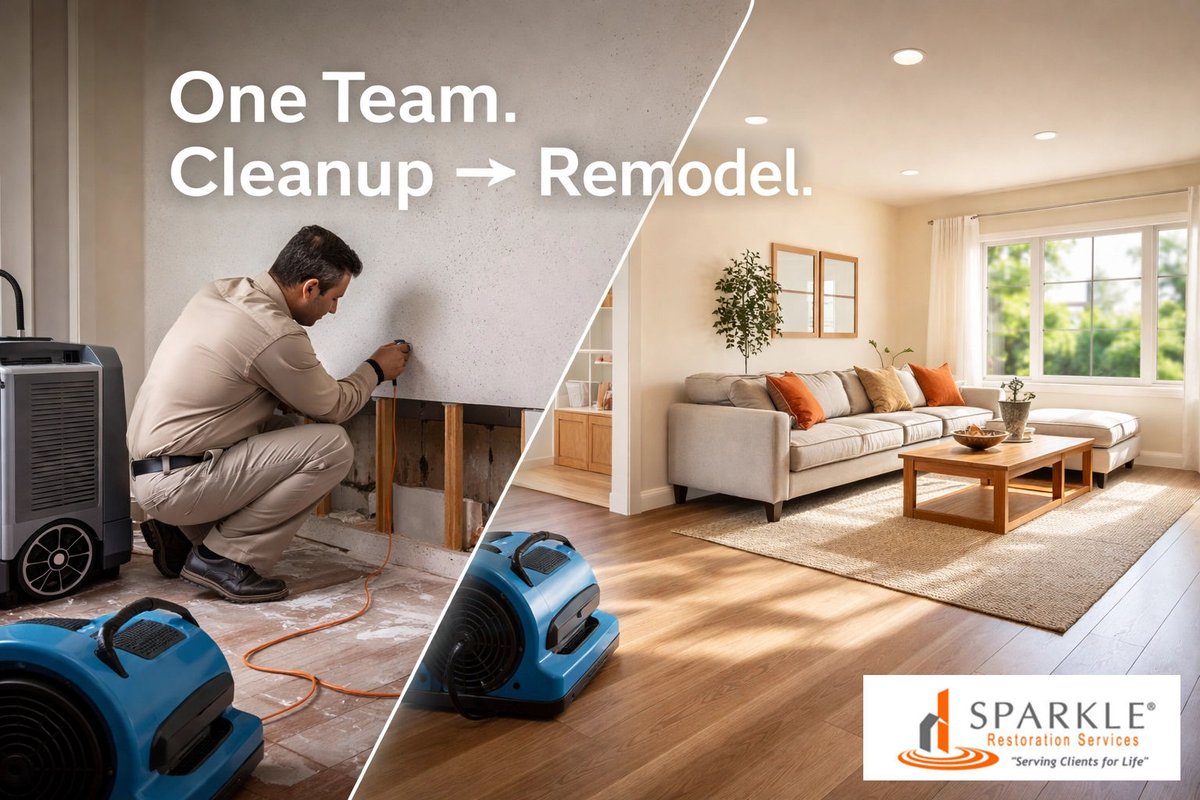 Tired of playing telephone after water, fire, or mold damage? 📞 With Sparkle’s Design-Build team, we handle everything: from cleanup to remodel: less stress, zero handoff mistakes, and faster results! DM us or book today.