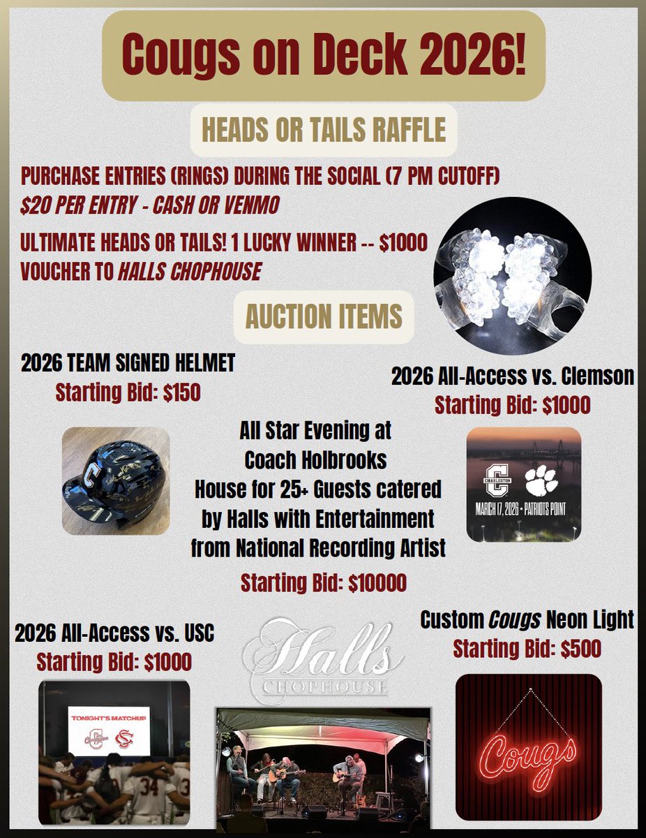 cholbrook2's tweet photo. Who wants to have the coolest corporate event in my backyard w/ potential Grammy award winners entertaining, &amp; @hallschophouse catering experience!! Let’s go! Sit in our dugout vs The Gamecocks or Tigers.  Incredible items.  Phone a friend &amp; remote bidding is possible.  Go Cougs! https://t.co/xwc34swQqm