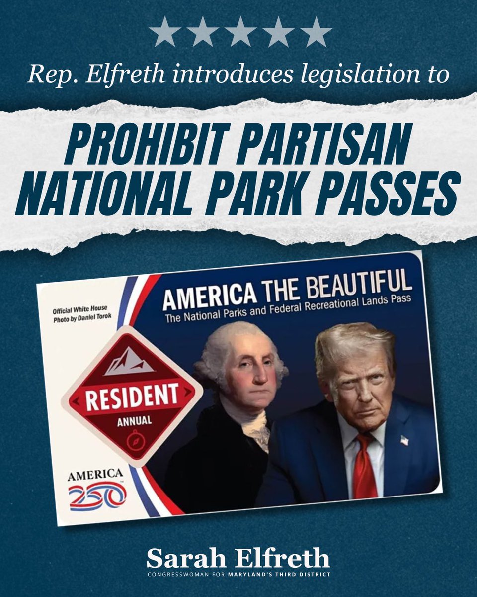 RepSarahElfreth's tweet photo. National Parks are shared national treasures – not political props for self-promotion. There’s no need for President Trump’s face to be on our park passes. That’s why I teamed up with @SenJeffMerkley to introduce the Prohibit Partisan Park Passes Act, straightforward legislation to prohibit America the Beautiful Passes from having the image or likeness of any living political figures.